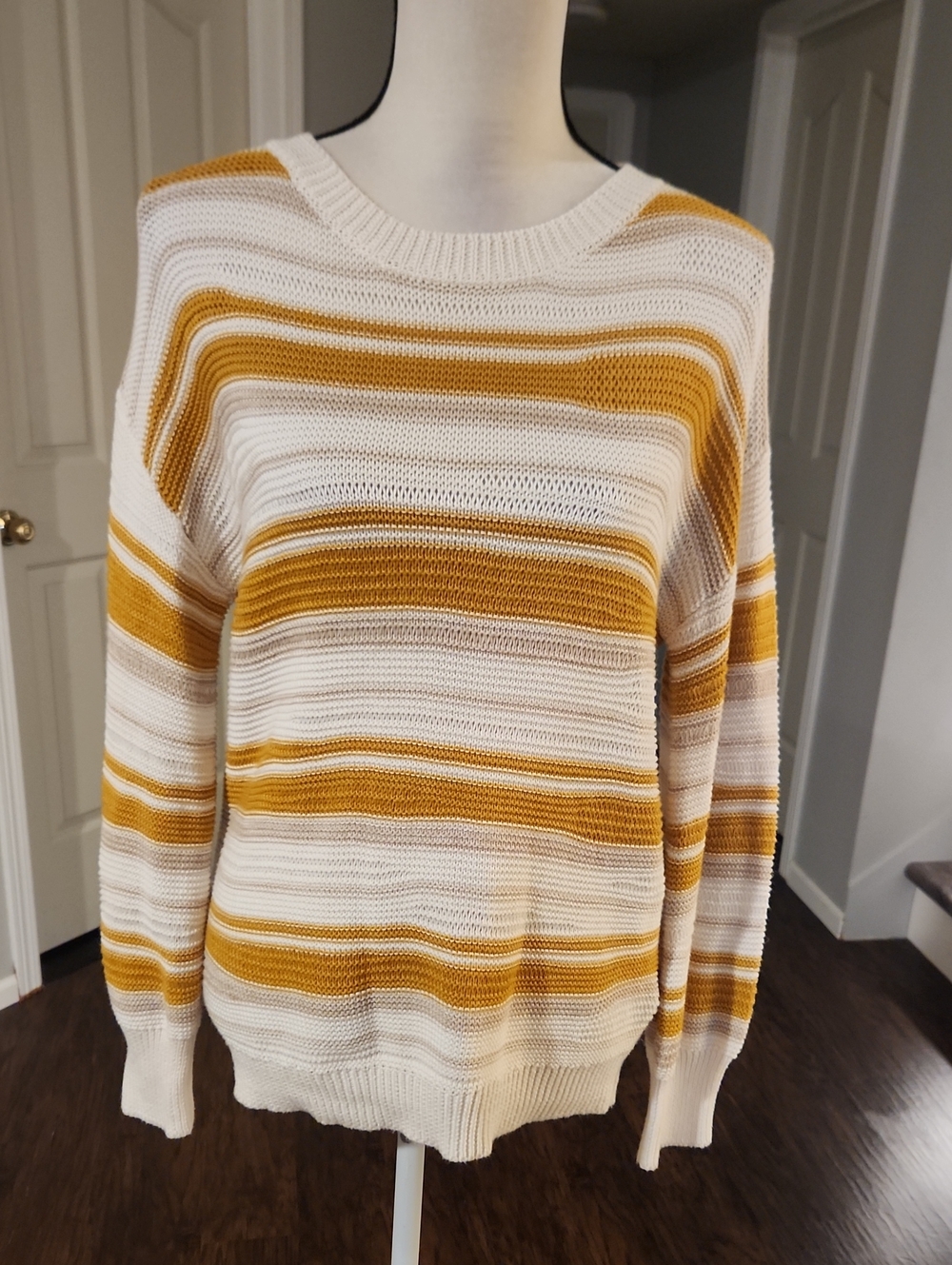 NWT Hem & Thread Yellow Striped Open Knit Crew Neck Pullover Sweater